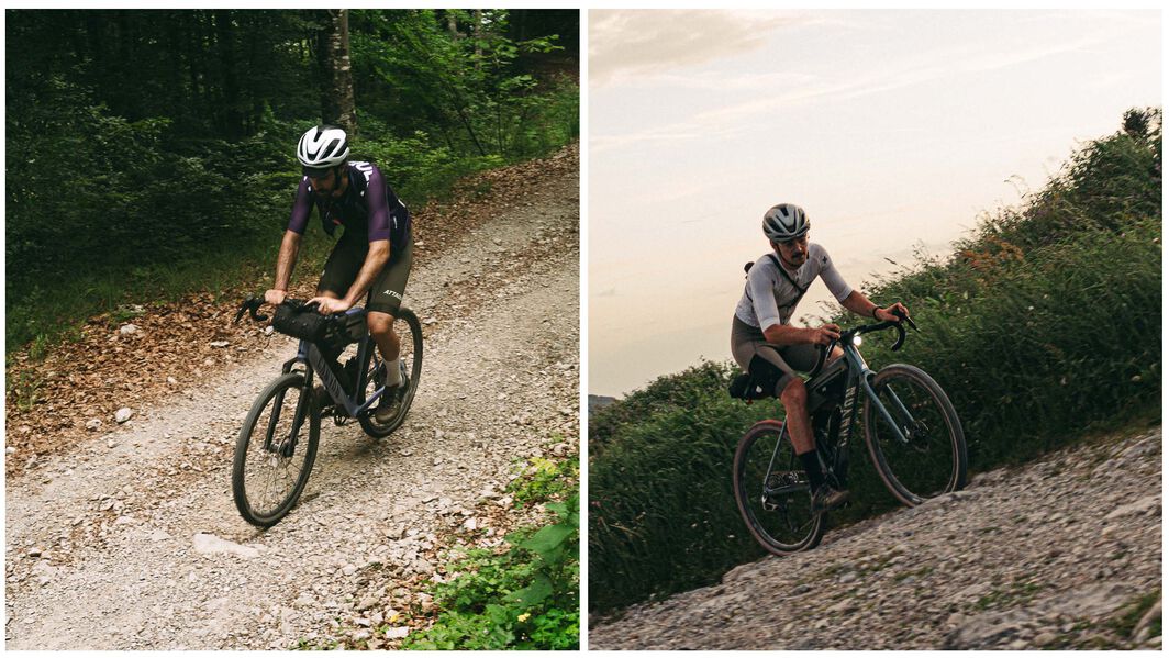Side-by-side comparison of Canyon Grail and Canyon Grizl gravel bikes showing different frame bag and gear storage setups designed for gravel and mountain touring.